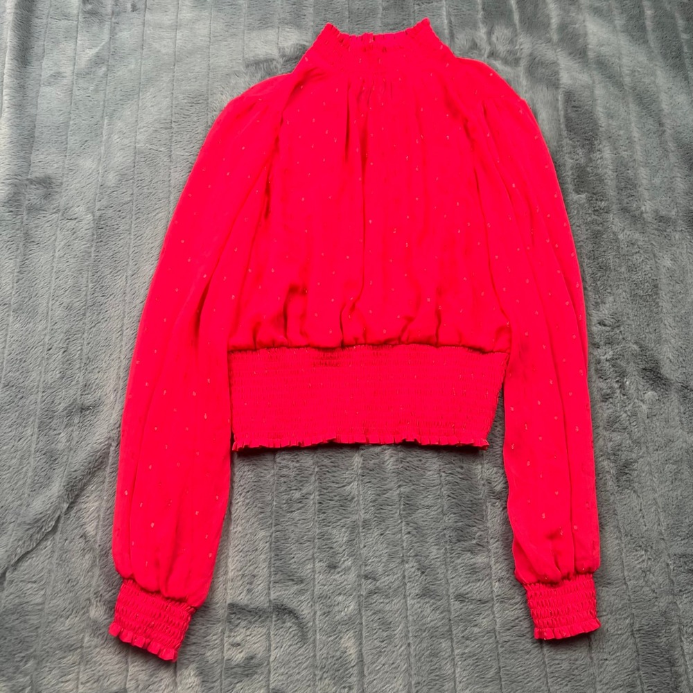 Express Red Clip Dot Smocked Waist Mock Neck Blouse Size M Balloon Sleeve
